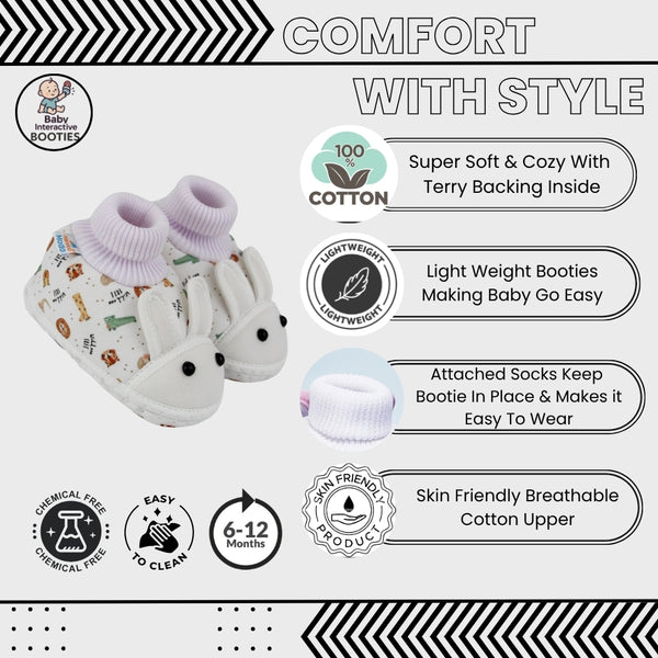 Baby Unisex Elephant Printed Soft Cotton Pre-Walker White Rabbit Face Shoe Booties-BT5573