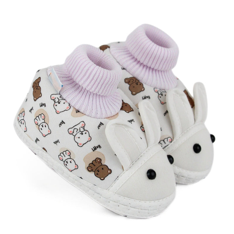 Baby Unisex Elephant Printed Soft Cotton Pre-Walker White,Brown Rabbit Face Shoe Booties-BT5574