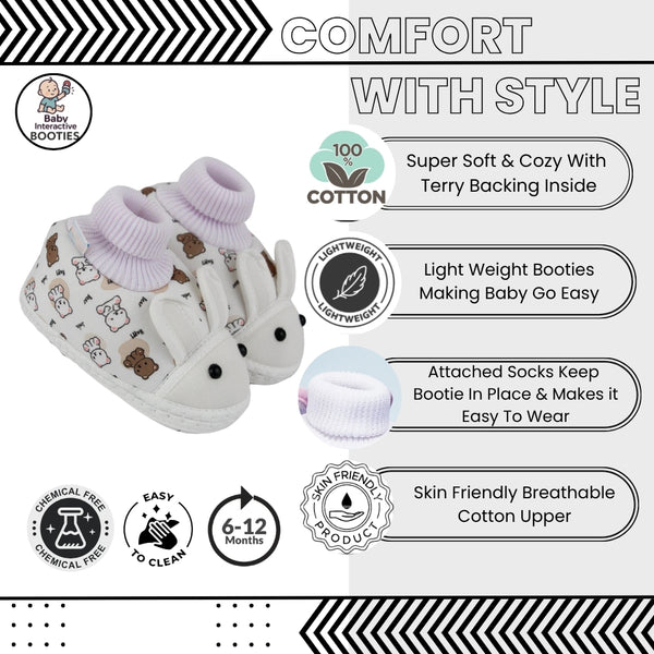 Baby Unisex Elephant Printed Soft Cotton Pre-Walker White,Brown Rabbit Face Shoe Booties-BT5574