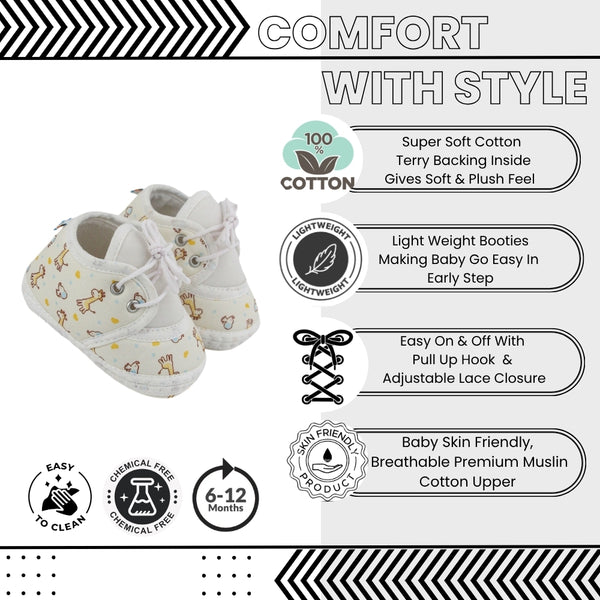 Baby Unisex Giraffe Printed Soft Cotton White,Yellow Lace Shoe Booties-BT5576