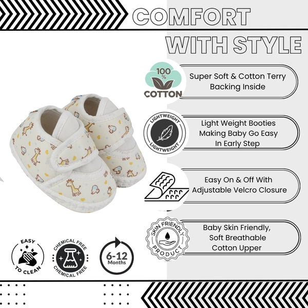 Baby Unisex Giraffe Printed Soft Cotton White,Yellow Velcro Shoe Booties-BT5581