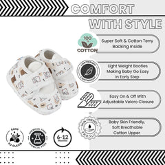 Baby Unisex Giraffe Printed Soft Cotton White,Brown Velcro Shoe Booties-BT5583