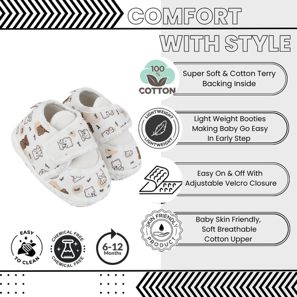 Baby Unisex Giraffe Printed Soft Cotton White,Brown Velcro Shoe Booties-BT5583