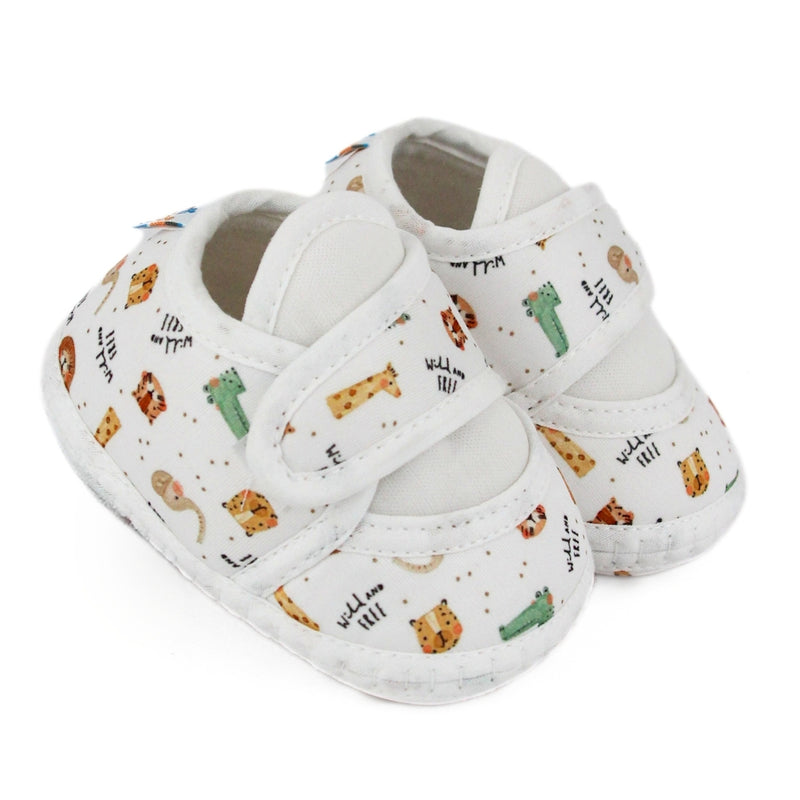 Baby Unisex Tiger Printed Soft Cotton White Velcro Shoe Booties-BT5584