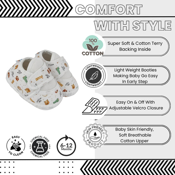 Baby Unisex Tiger Printed Soft Cotton White Velcro Shoe Booties-BT5584
