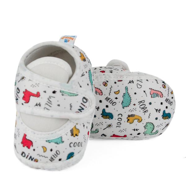 Baby Unisex Dinosaur Printed Soft Cotton White Velcro Shoe Booties-BT5585