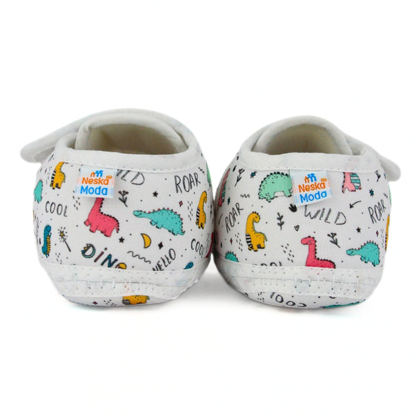 Baby Unisex Dinosaur Printed Soft Cotton White Velcro Shoe Booties-BT5585