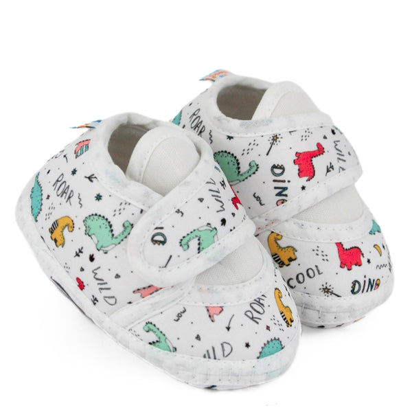 Baby Unisex Dinosaur Printed Soft Cotton White Velcro Shoe Booties-BT5585