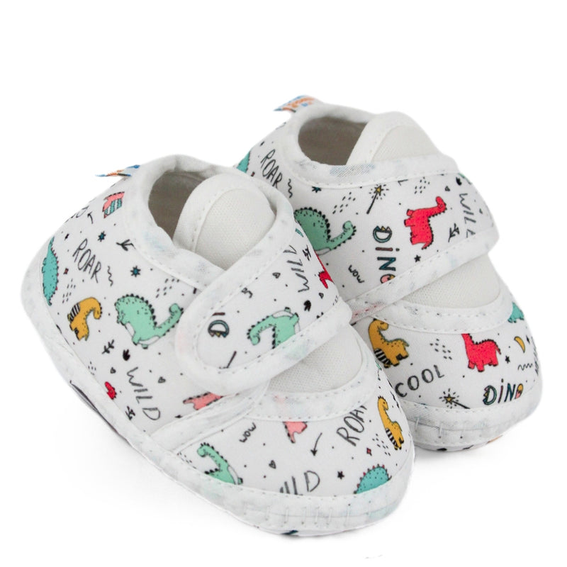 Baby Unisex Dinosaur Printed Soft Cotton White Velcro Shoe Booties-BT5585