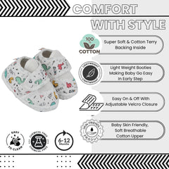 Baby Unisex Dinosaur Printed Soft Cotton White Velcro Shoe Booties-BT5585