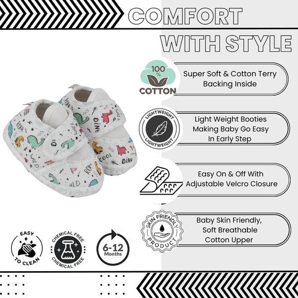 Baby Unisex Dinosaur Printed Soft Cotton White Velcro Shoe Booties-BT5585