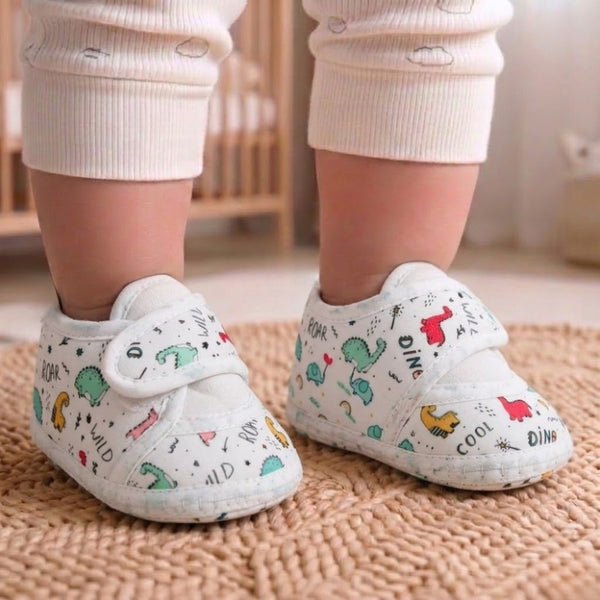Baby Unisex Dinosaur Printed Soft Cotton White Velcro Shoe Booties-BT5585