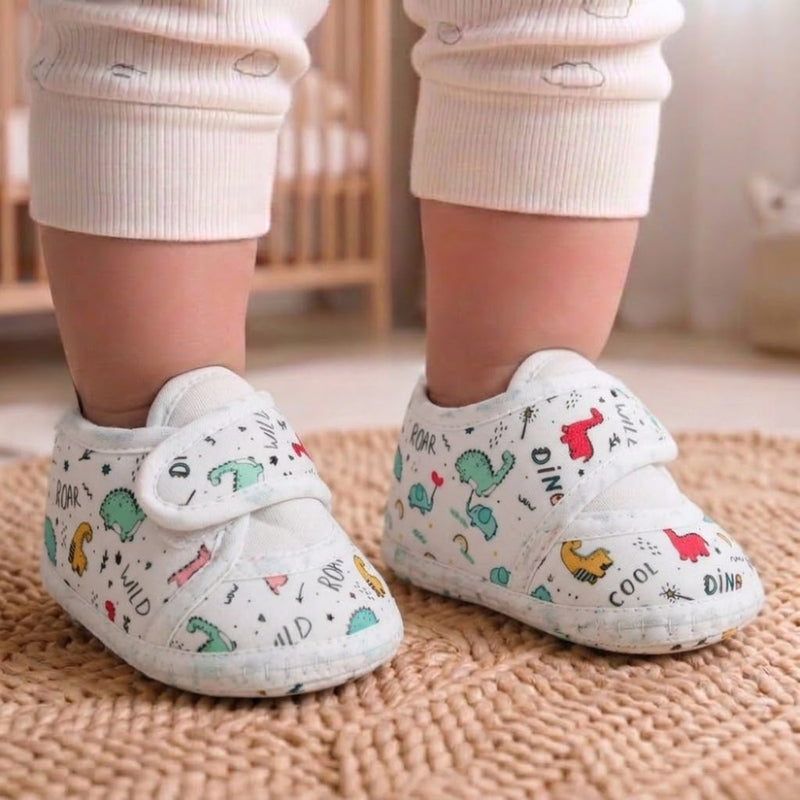Baby Unisex Dinosaur Printed Soft Cotton White Velcro Shoe Booties-BT5585