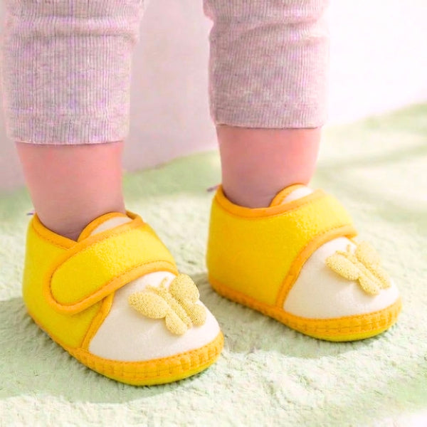 Baby Girls Velboa Butterfly White,Yellow Velcro Shoe Booties-BT5586