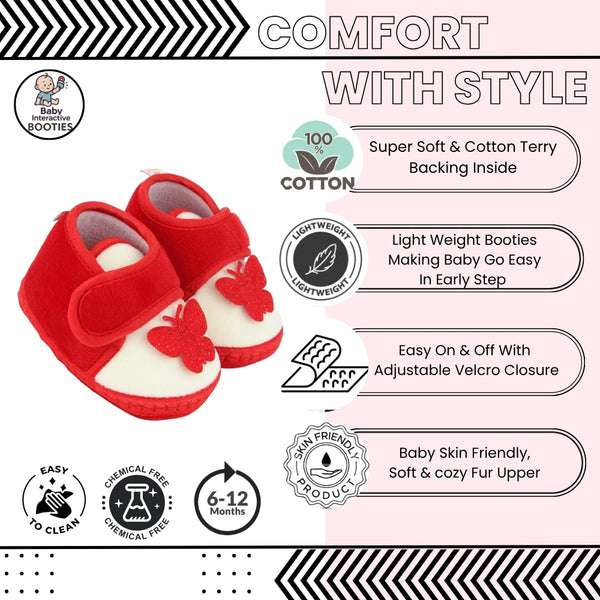 Baby Girls Velboa Butterfly White,Red Velcro Shoe Booties-BT5587