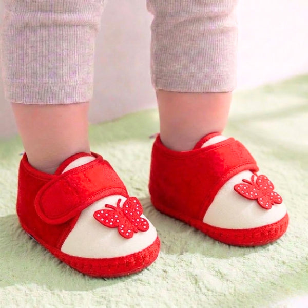 Baby Girls Velboa Butterfly White,Red Velcro Shoe Booties-BT5587