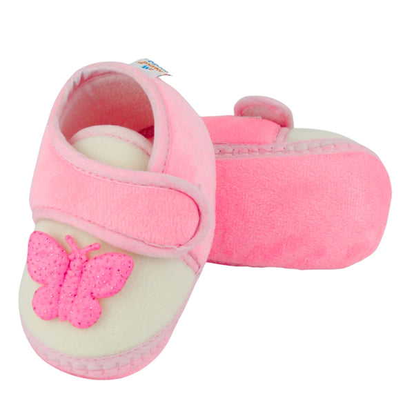 Baby Girls Velboa Butterfly White,Pink Velcro Shoe Booties-BT5588
