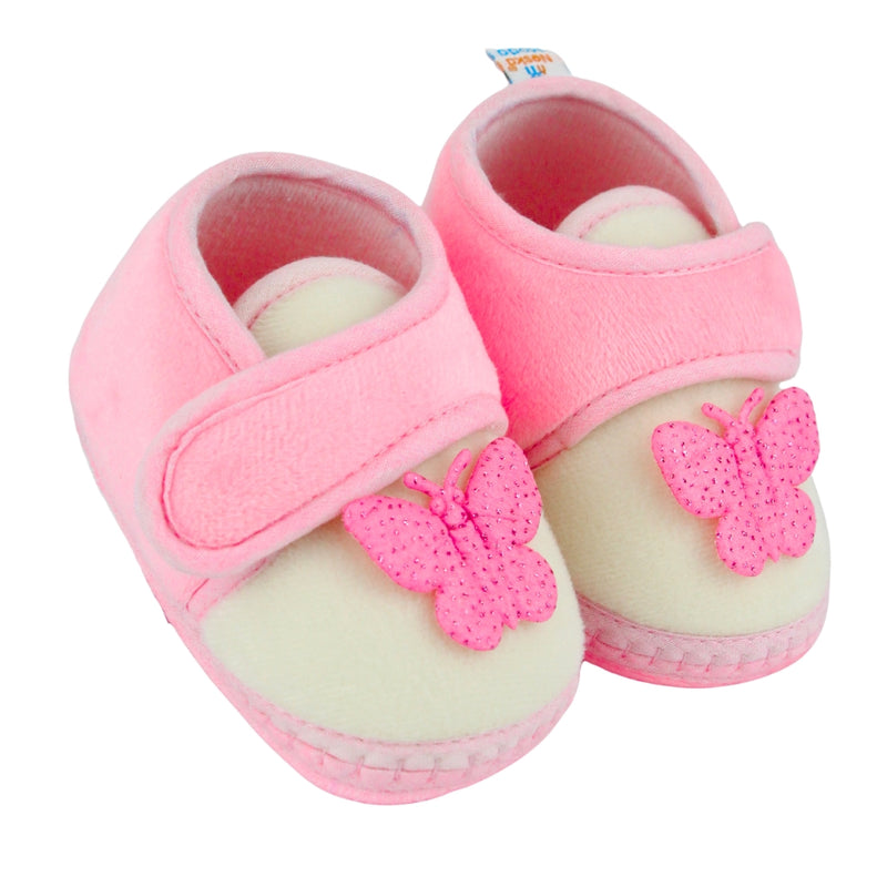 Baby Girls Velboa Butterfly White,Pink Velcro Shoe Booties-BT5588