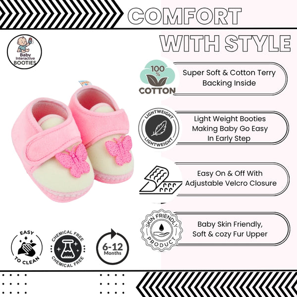 Baby Girls Velboa Butterfly White,Pink Velcro Shoe Booties-BT5588