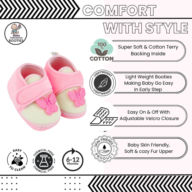Baby Girls Velboa Butterfly White,Pink Velcro Shoe Booties-BT5588