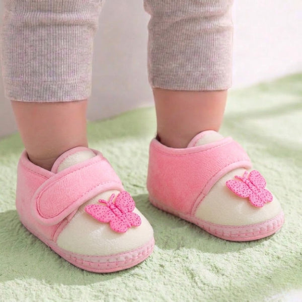 Baby Girls Velboa Butterfly White,Pink Velcro Shoe Booties-BT5588