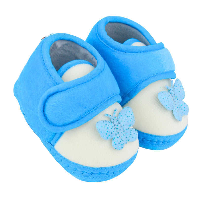 Baby Girls Velboa Butterfly White,Blue Velcro Shoe Booties-BT5589