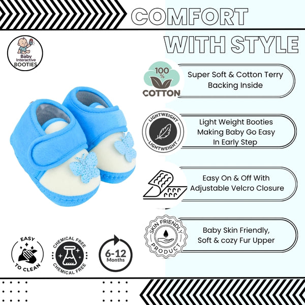 Baby Girls Velboa Butterfly White,Blue Velcro Shoe Booties-BT5589
