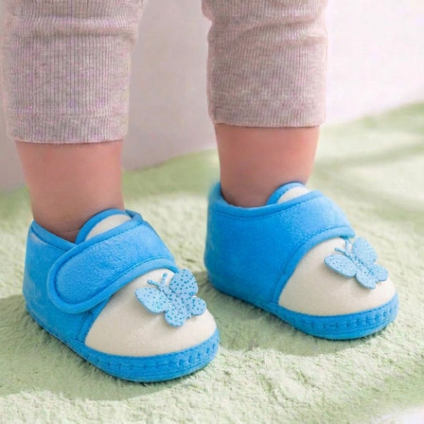Baby Girls Velboa Butterfly White,Blue Velcro Shoe Booties-BT5589