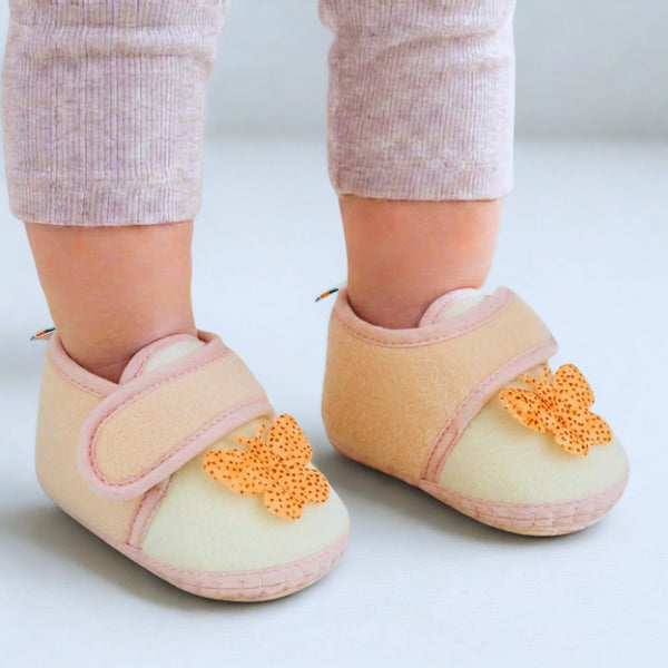 Baby Girls Velboa Butterfly White,Pink Velcro Shoe Booties-BT5590