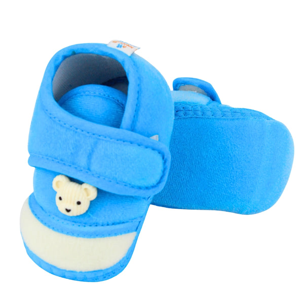 Baby Unisex Velboa Bear Face Blue,White Velcro Shoe Booties-BT5591