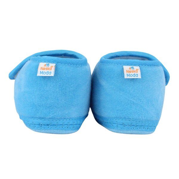 Baby Unisex Velboa Bear Face Blue,White Velcro Shoe Booties-BT5591