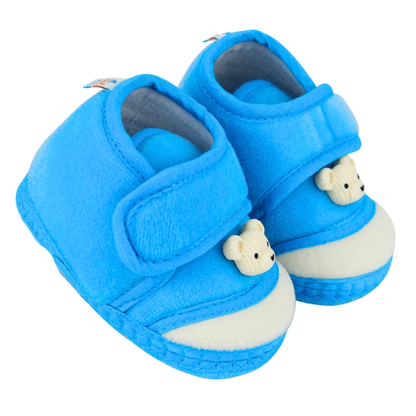 Baby Unisex Velboa Bear Face Blue,White Velcro Shoe Booties-BT5591