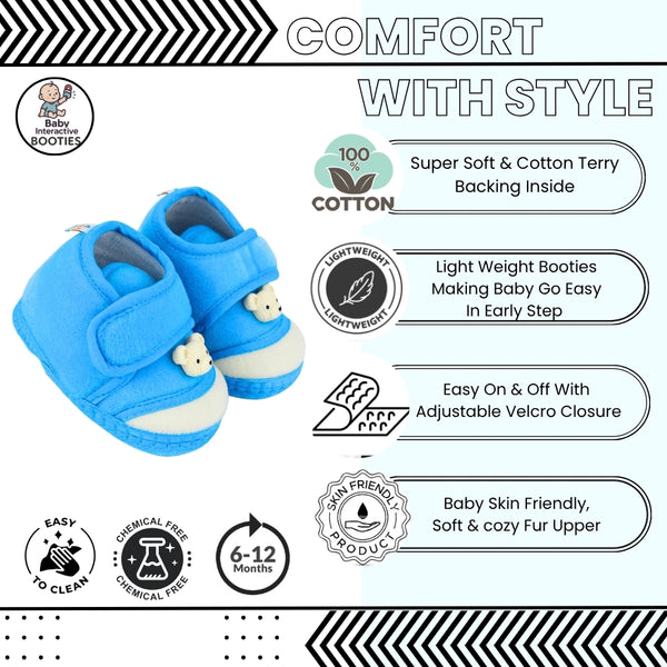 Baby Unisex Velboa Bear Face Blue,White Velcro Shoe Booties-BT5591