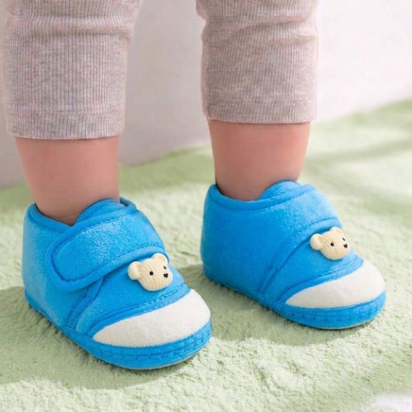 Baby Unisex Velboa Bear Face Blue,White Velcro Shoe Booties-BT5591