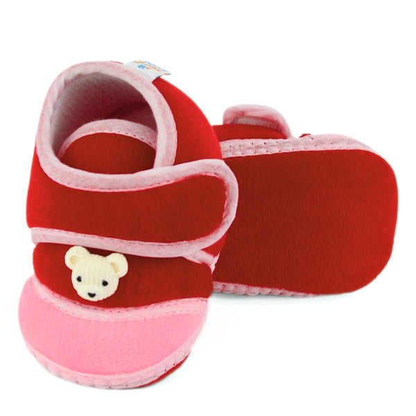 Baby Unisex Velboa Bear Face Red,Pink Velcro Shoe Booties-BT5592