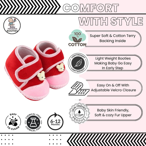 Baby Unisex Velboa Bear Face Red,Pink Velcro Shoe Booties-BT5592