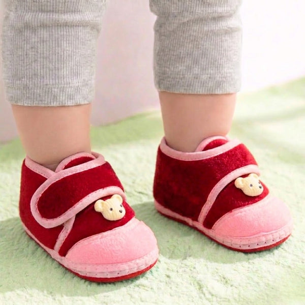 Baby Unisex Velboa Bear Face Red,Pink Velcro Shoe Booties-BT5592
