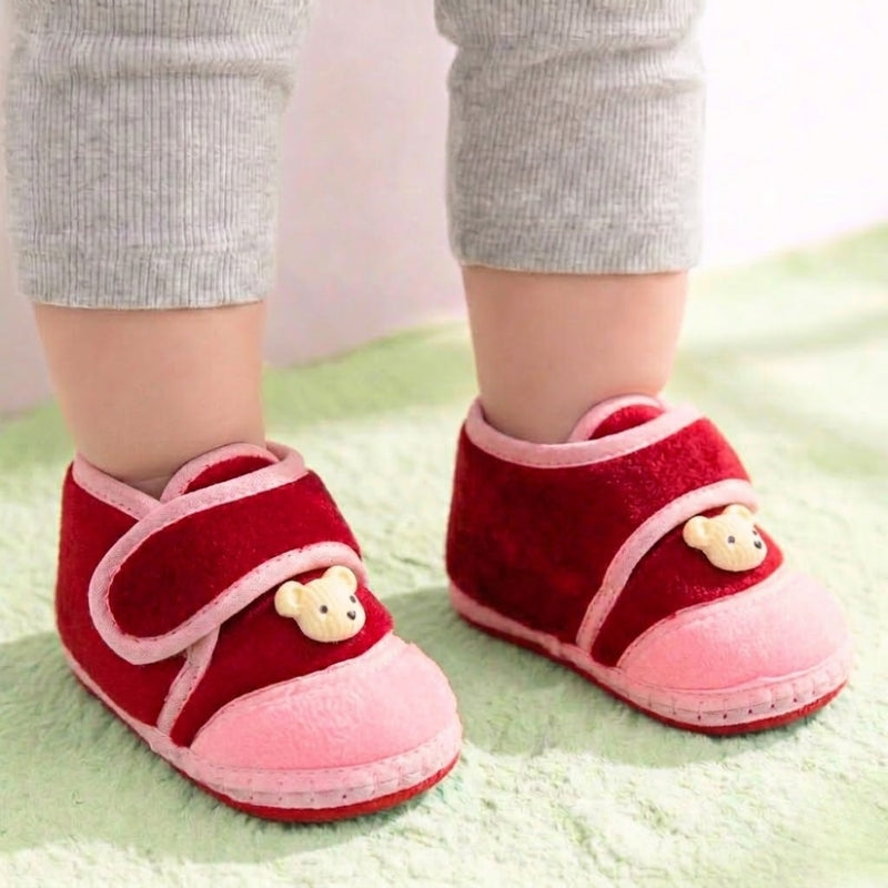 Baby Unisex Velboa Bear Face Red,Pink Velcro Shoe Booties-BT5592