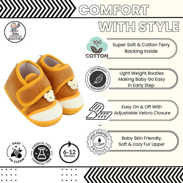Baby Unisex Velboa Bear Face Brown,White Velcro Shoe Booties-BT5593