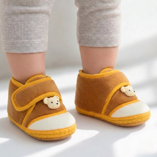 Baby Unisex Velboa Bear Face Brown,White Velcro Shoe Booties-BT5593