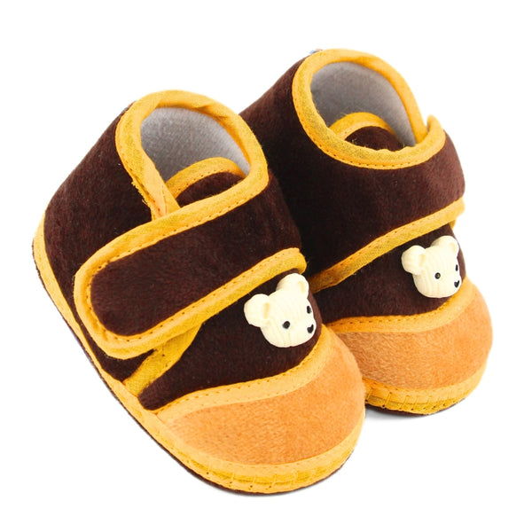 Baby Unisex Velboa Bear Face Brown Velcro Shoe Booties-BT5594
