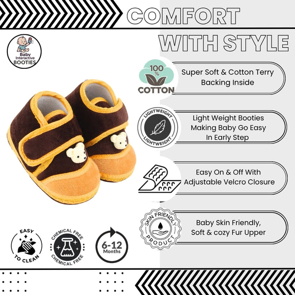 Baby Unisex Velboa Bear Face Brown Velcro Shoe Booties-BT5594