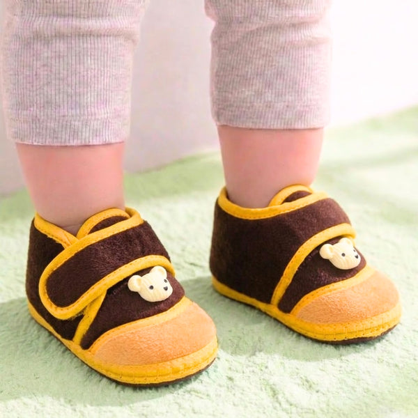 Baby Unisex Velboa Bear Face Brown Velcro Shoe Booties-BT5594