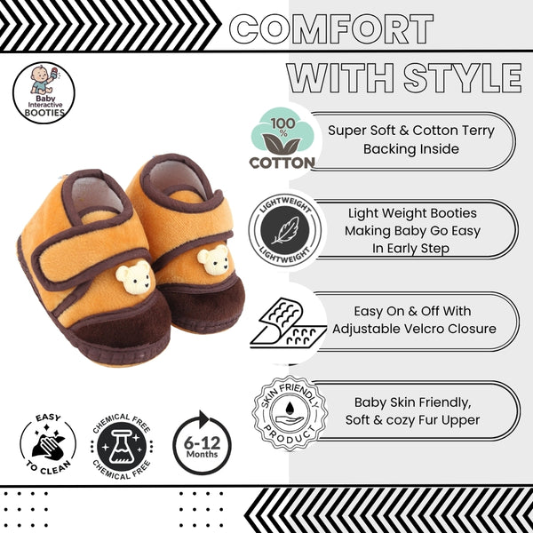 Baby Unisex Velboa Bear Face Brown Velcro Shoe Booties-BT5595