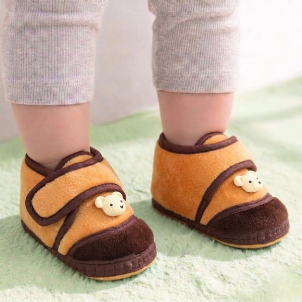 Baby Unisex Velboa Bear Face Brown Velcro Shoe Booties-BT5595