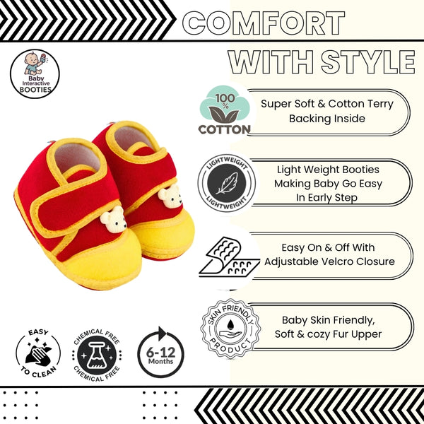 Baby Unisex Velboa Bear Face Red,Yellow Velcro Shoe Booties-BT5596