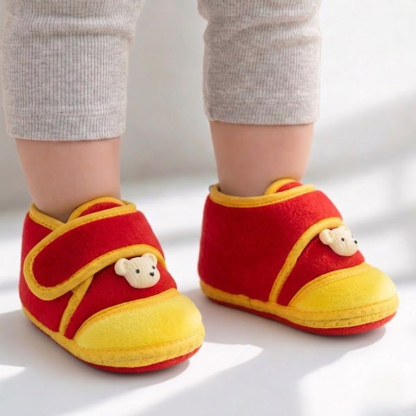 Baby Unisex Velboa Bear Face Red,Yellow Velcro Shoe Booties-BT5596