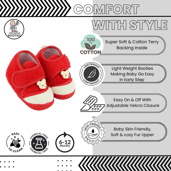 Baby Unisex Bear Face Soft Velboa Red,White Velcro Shoe-BT5597