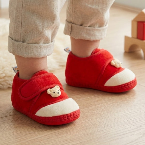 Baby Unisex Bear Face Soft Velboa Red,White Velcro Shoe-BT5597