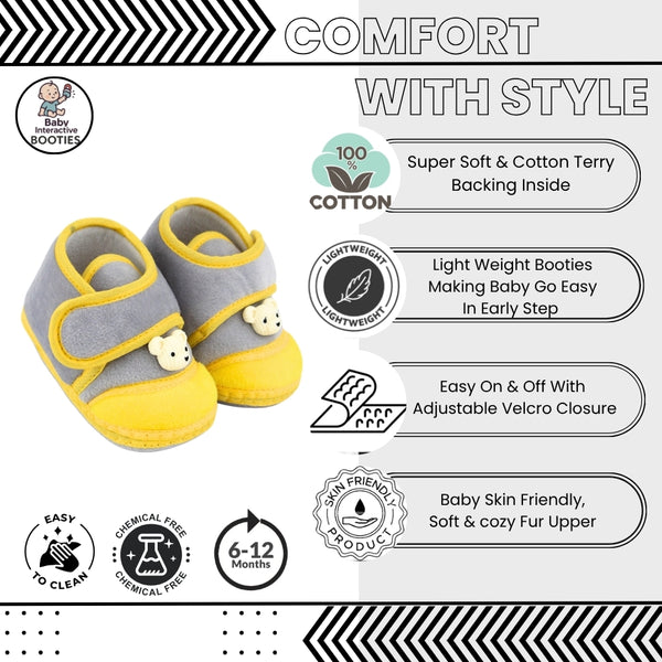 Baby Unisex Velboa Bear Face Grey,Yellow Velcro Shoe Booties-BT5598